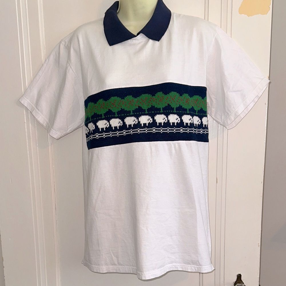 Vtg 80s Jerzees White Polo Type Shirt with Blue & Green Sheep & Trees Design